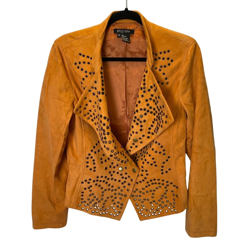 Etcetera Grommet Studded Suede Jacket Women 10 Orange Western Moto Festival Boho